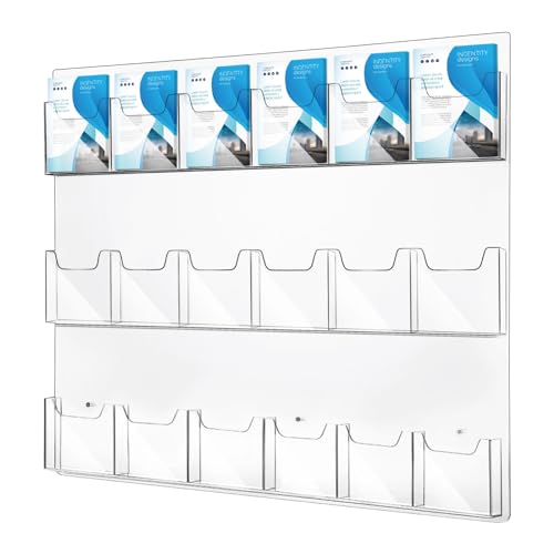 18 Pockets Acrylic Brochure Pamphlet Holder Wall Mount, 4 inches Pocket Brochure Display Stand, Pamphlet Display Stand Wall Mount, Clear Plastic Trifold Flyer Rack Literature Holder