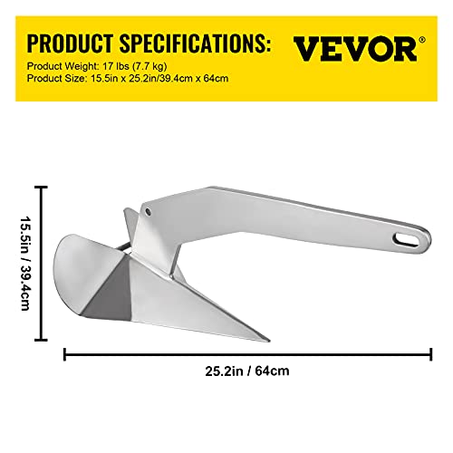 Vevor Boat Anchor, 22 Lbs / 10 Kg, 316 Stainless Steel Delta-Style Anchor, Heavy Duty Triangular Anchor Fit For 28 Ft - 42 Ft Boats #TOP6