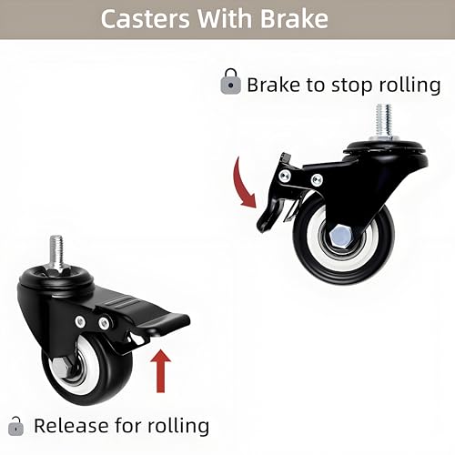 Heavy Duty Swivel Caster Wheels with Dual Brake, 2-in M8x15mm, 12 Pcs | 400 lb Capacity, 360 Degree Polyurethane Locking Casters, No Noise, M8 Threaded Stem Wheels for Desk Workbench Cart