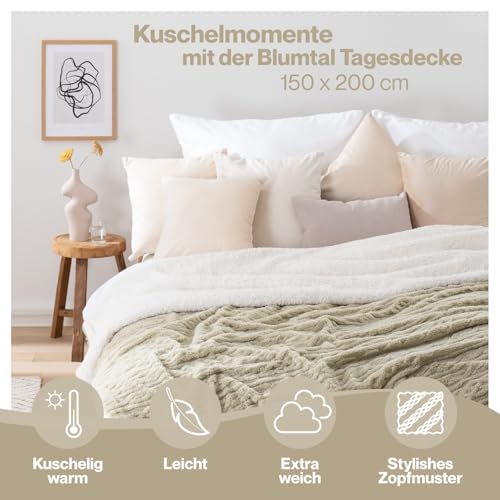 Blumtal Kuscheldecke 150x200 cm mit Zopfstrick-Optik - Oeko-TEX zertifizierte Mikrofaser Fleecedecke mit weicher Sherpa-Innenseit/Sherpa Decke flauschig 150x200 - Beige und Weiß