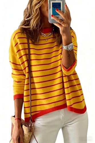 Image of Womens Striped Lightweight Cotton Sweaters Long Sleeve Crew Neck Color Block Casual Knitted Pullover Tops