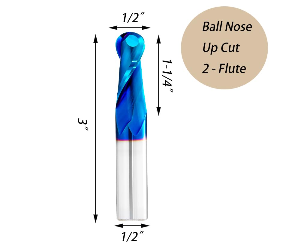 B2460B CNC Router Bit Ball Nose End Mill 2 Flutes Up Cut Solid Carbide with 1/2" x 1-1/4" x 1/2" x 3"