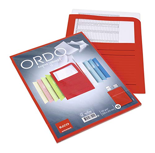 Elco 73695.92 Ordo classico Verpackung mit 10 Dokumentenhülle aus Papier mit Linienaufdruck, 220x310, 120g, intensivrot, Fenster: ja