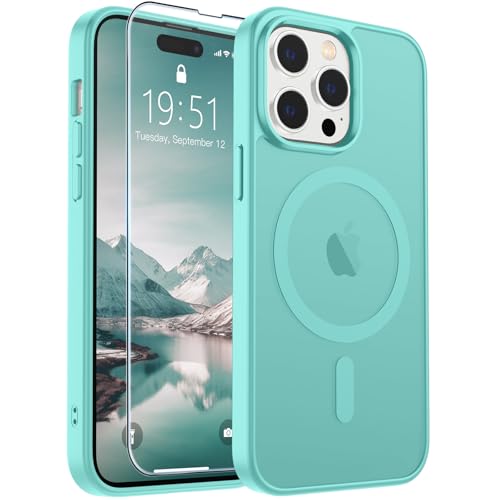 Image of SUPFINE Magnetic for iPhone 14 Pro Max Case (Compatible with MagSafe) (Military Grade Drop Protection) Translucent Matte Shockproof Phone Cover,Blue Green