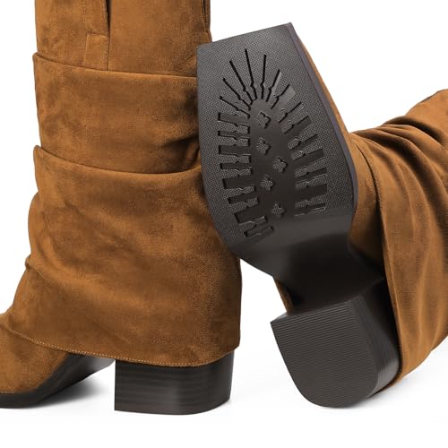 Cowboy Boots for Women Cowgirl Boots Mid Calf Square Toe Fold Over Chunky Heel Slouchy Suede Boots4