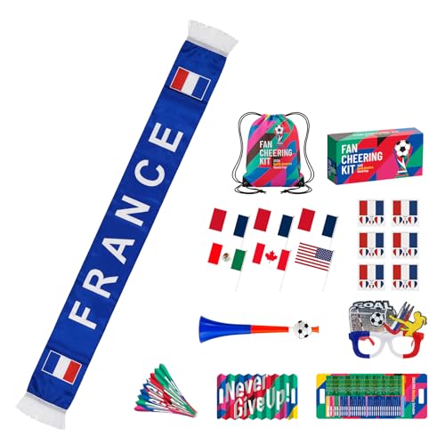 Ultimate 2026 World Soccer Cup USA Fan Kit - 7-in-1 Match Day Set: Flag, Trumpet, Scarf, Glasses, Tattoos, Schedule & Backpack - Patriotic Parade Party Supplies for Fans (FRA)