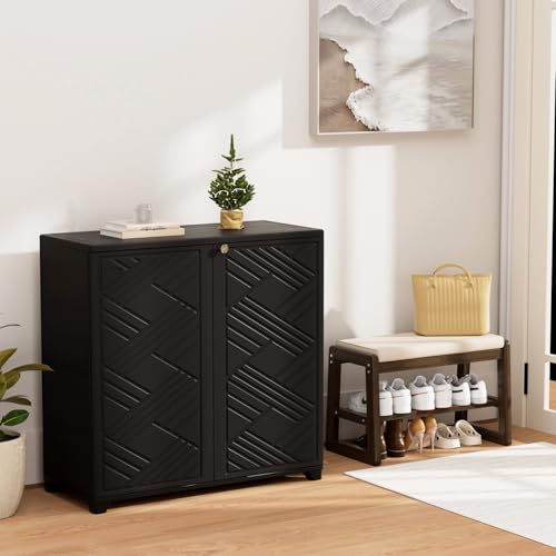 Image of KINYING Outdoor Storage Cabinet Waterproof, 60 Gallon Resin Outdoor Storage Shed for Patio /Garden /Backyard, Outdoor Storage Box for Cushions,Garden Tools and Pool Supplies(Black with 1 Shelving)