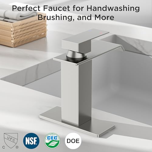 FORIOUS Bathroom Faucet Brushd Nickel Modern Waterfall Bathroom Sink Faucet 1 or 3 Hole Single Handle with Deck Plate and Drain, Suitable for Vanity Rv Camper Commerical thumbnail 7