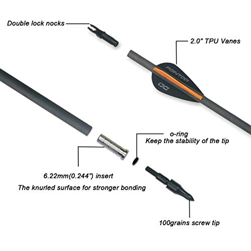 Pointdo 100% Carbon Arrow Practice Hunting Arrows With Removable Tips For Compound & Recurve Bow(Pack Of 12) (Black Orange) #TOP1