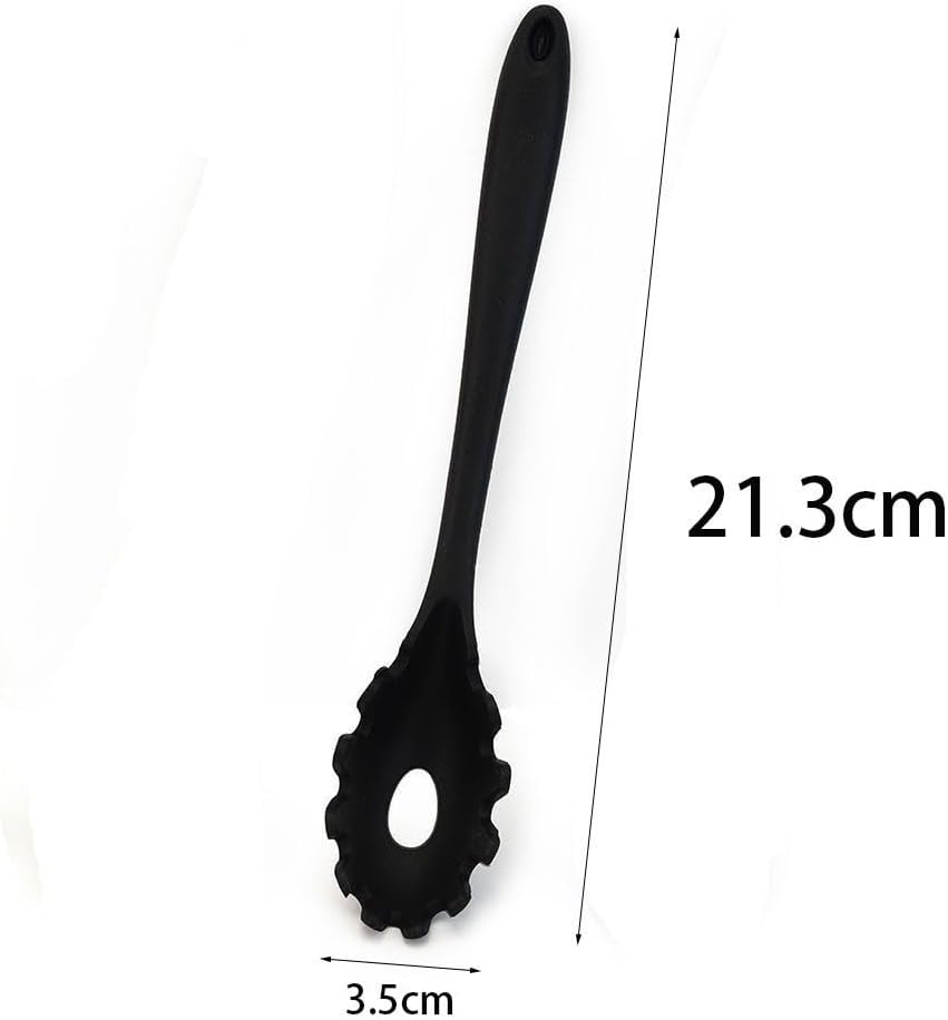 2 Pcs Durable Silicone Pasta Fork, Multi-purpose Household Pasta Scoop Strainer Spoon Tooth Design Long Handle Bottom Hollowing for Kitchen, Restaurant, Snack Bar(Black)