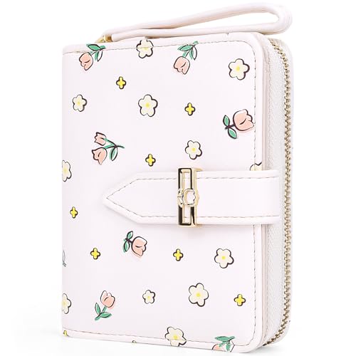 Busnos Women's Wallet Small Wallets for Women Cute Ladies Wallets White Bifold Flower Wallet Womens With Zipper Women's Coin Pocket Purses with Card Holder for Women
