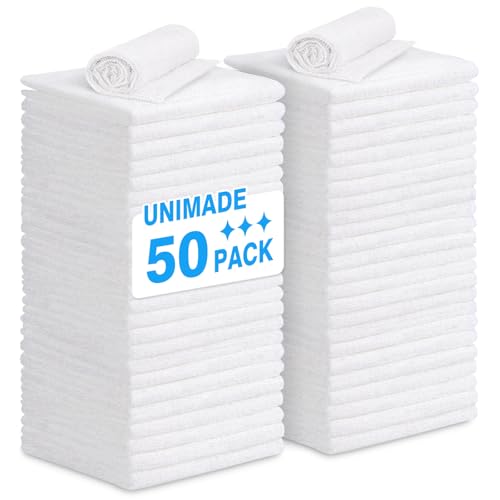 UNIMADE Shop Towel Rags 50 Pack Reusable Shop Rags Bulk Microfiber Cleaning Cloth Lint Free Cleaning Towels for Car Kitchen Automotive Bar Mechanic Restaurant Garage 11.5x 11.5 White