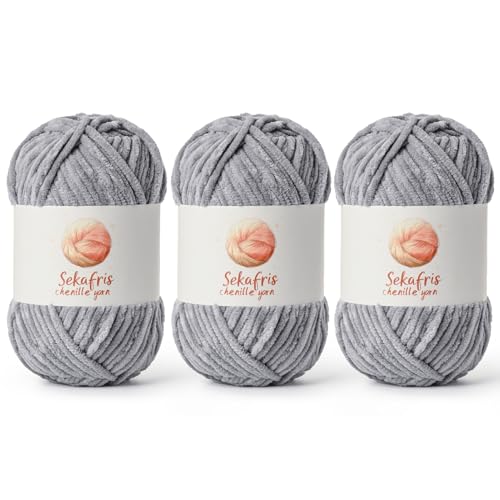 Image of Chenille Yarn for Crocheting, Size 5 Bulky,3 Grayish | 300g /393yds Soft Chunky Velvet Yarn for Crochet and Knitting,Fluffy Baby Yarn for Amigurumi,Blankets and DIY Crafts.