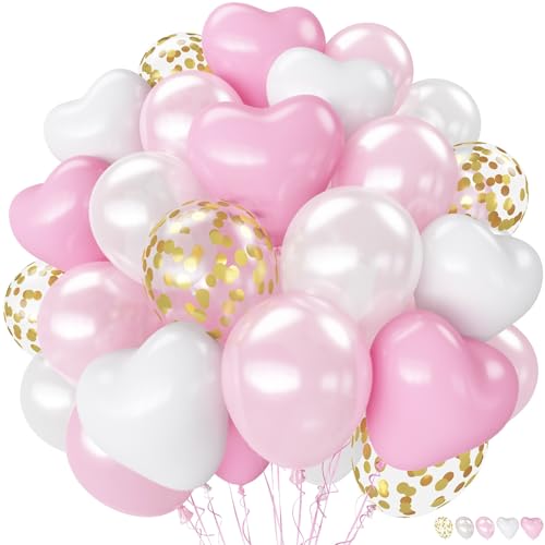 Image of Pink Balloons, 60 Pcs Pastel Light Baby Pink and Pearl White Heart Latex Balloons, 12 Inch Double Stuffed & Gold Confetti Balloon for Girls Women Birthday Wedding Bridal Baby Shower Bachelorette Party