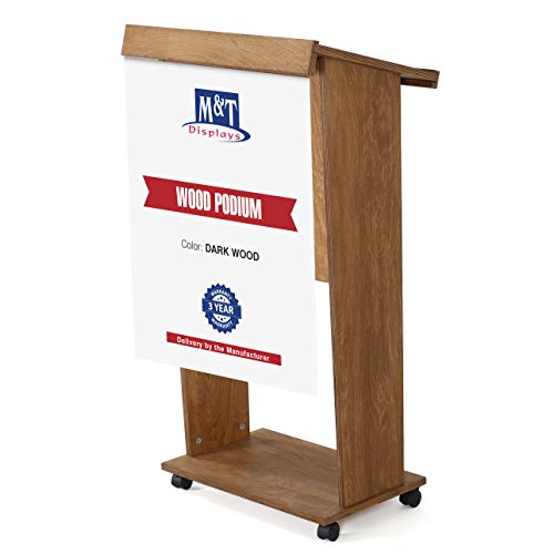 M&T Displays Dark Wood Plywood Stand up Floor-Standing Podium Lectern for Speaker with Poster Fast Microphone Slot Storage Shelf and 4 Locking Caster Wheels Conference Table 45 inch Height Beechwood