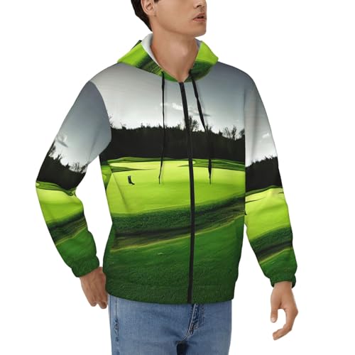 Casual hoodie hommes fermeture éclair motif parcours de golf vert