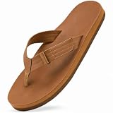 ZURIN Genuine Leather Flip Flops for Men Beach Sandals with Arch Support, Comfortable Summer Beach Thong Sandals Slip On Slippers Soft Cushion Footbed Outdoor Chestnut