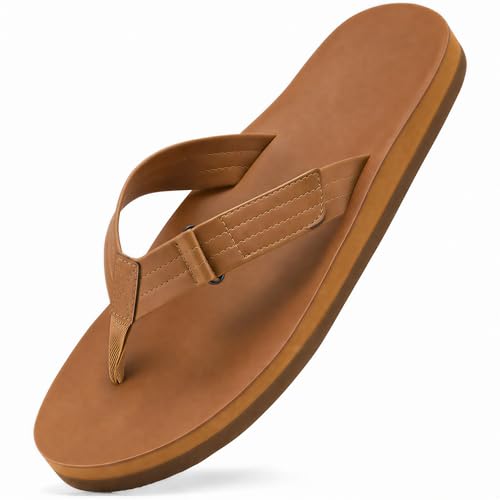 ZURIN Genuine Leather Flip Flops for Men Beach Sandals with Arch Support, Comfortable Summer Beach Thong Sandals Slip On Slippers Soft Cushion Footbed Outdoor Chestnut