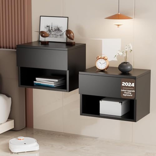 Kiseely Nachttisch hängende, Schwebender Nachtschrank mit Schubladen und viel Stauraum, hölzerner Nachttisch Regal, Beistelltisch Holz moderner für...
