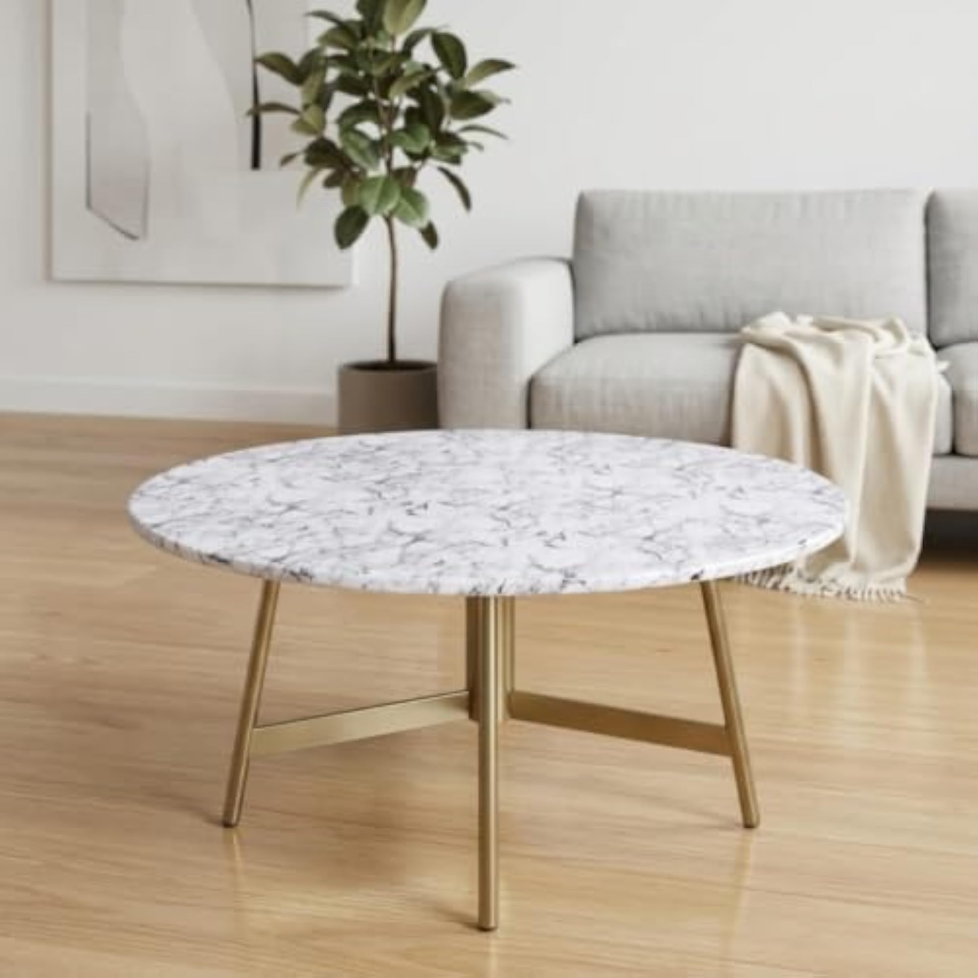 Marble-Print Round Fitted Tablecloth Water-Resistant