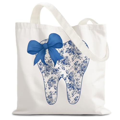 LZYRF Chinoiserie Floral Dentist Tote Bag, Dental Hygienist Gifts Canvas Tote Bags for Women, Dental Assistant Gifts, Coquette Blue Bow Tooth Dentist Reusable Grocery Shopping Bag