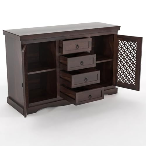 Image of Solid Sheesham Wood Sideboard and Cabinets | Wooden Side Board Media Console Tv Cabinet for Living Room | Free Standing Cabinet with 4 Drawers & 2 Door Cabinet Storage | Walnut Finish