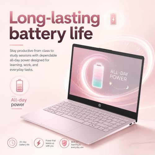 Image of HP 14 inch Laptop . Microsoft 365 Included . 4GB . 640GB Storage (128GB + 512GB SD) . HD Display . 12-Hour Battery . WiFi . Bluetooth . Windows 11 . Tranquil Pink . Dockingstation