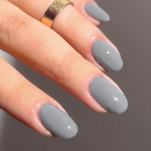 GLAMERMAID Press on Nails Medium Oval, Grey Fall Short Oval Acrylic Fake Nails Kits, Glossy Reusable Full Cover Stick on Nails for Women Gifts