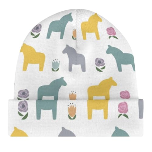 Cartoon Horse and Flower Pattern Kids Beanie Hat for for Girls Boys Children Cap Winter Knitted Chemo Cancer Headwear Accessories Gifts Decoration Black4