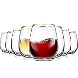 Mimorou Stemless Wine Glasses with Gold Rim, Set of 8, 15 oz Red Wine Glasses Gold Rimmed Crystal Drinkware for Wedding Party All Beverages