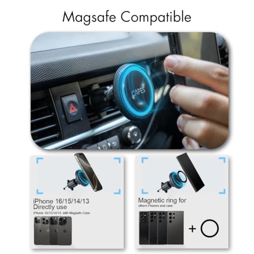 Image of Capes Maglock Car Mount for Air Vent,Strong Magnetic AC Vent /Dashboard Mount Smartphones Holder Compatible with Magsafe Mounts,for iPhone 17 /16 /15 /14 /13,360-Degree Rotation,Magnetic Ring,Black