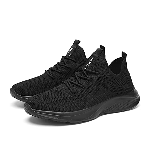 VAMJAM Men's Running Shoes Fashion Sneakers Lightweight Breathable Flying Knitting Lace Up Mesh Walking Shoes Workout Casual Sports Shoes Allblack Size 10