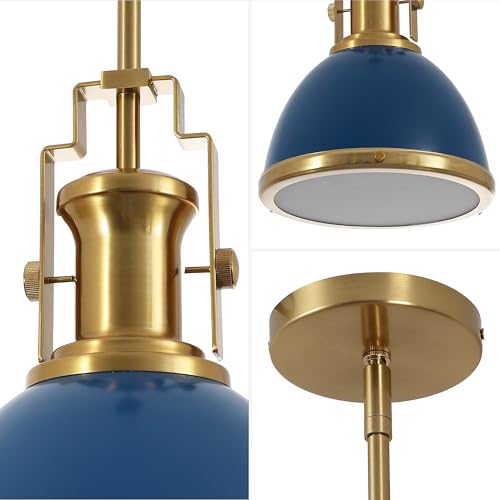 Image of JONATHAN Y Homer Industrial Dome Pendant 10 inch, Navy /Brass Gold | 1-Light, Farmhouse Style, Adjustable Hanging Height, Glass Diffuser, Sloped Ceiling Compatible, Metal, LED Bulb Included
