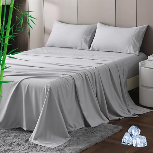 Hotel Bamboo Cooling Sheet Set 3 Pieces-Ultra Soft 2000TC Breathable Bed Sheets Set with 37 Centimetre Deep Pocket-Cooling Sheets for Hot Sleepers,Silver Grey,Single Size