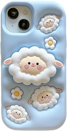 Image of MIDOS Back Cover Compatible With iPhone 15 Soft Silicone 3D Cute Cartoon With Holder Full Protective Case For iPhone 15 (Flock),Blue