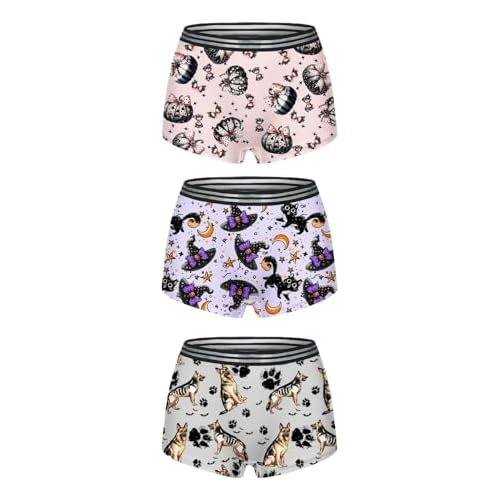 Morvia 3pcs Women Gothic Halloween Skulls Print Contrast Binding Boyshorts Underwear Elastic Waist Intimates Panties Small Cartoon Print