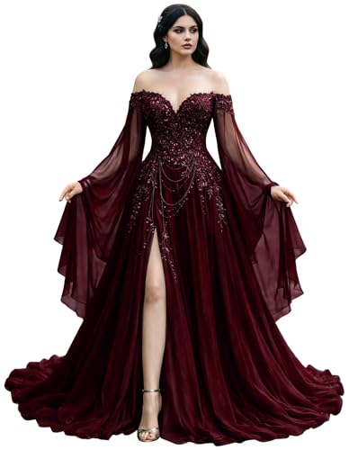Mauuwy Burgundy Deep Gothic Wedding Dresses with Side Split Size 0