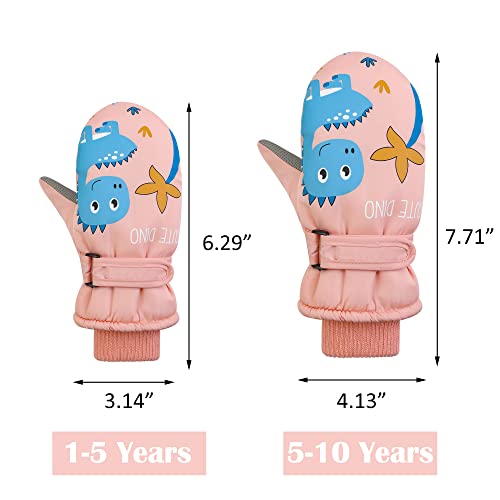 Fynnsure Toddler Mittens Kids Snow Gloves Waterproof Ski Mittens Winter Warm Gloves Baby Mittens For Boys Girls Dinosaur-Pink 5-10 Years #TOP3