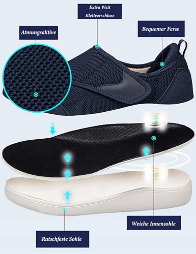Gaatpot Verbandsschuhe Damen Hausschuhe Herren für Arthritis Geschwollen Leichte Freizeit Extra Weit mit Klettverschluss Senioren Schuhe Schwarz 38