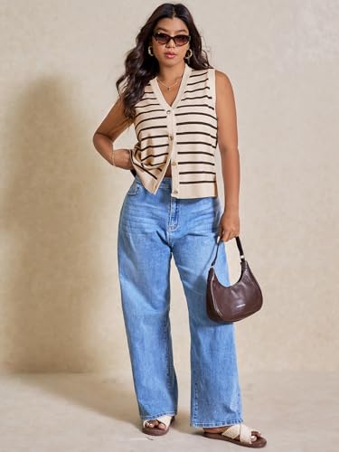 Image of Verdusa Women's Plus Size Old Money Vest Tops 2025 Striped Sleeveless Button Up Sweater Vests