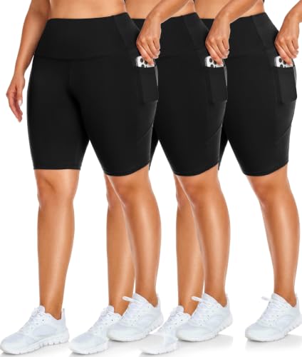 NEW YOUNG 3 Pack Plus Size Biker Shorts with Pockets for Women-High Waisted 8 Yoga Pants Workout Shorts