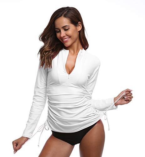 Women's UV Sun Protection UPF 50+ Long Sleeve Rash Guard Wetsuit Swimsuit Top (901 S, White)