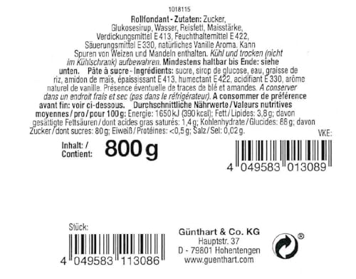 Günthart BackDecor | 1 Stück Royal Fondant | weiß 800 g | eine VKE | palmölfrei | gebrauchsfertig und leicht zu verarbeiten | zum Überziehen und Modellieren