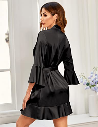 Hotouch Womens Silk Robes Knee Length Short Satin Bathrobe With Sexy Oblique V Neck Ruffle Hem Bridesmaid Wedding Party Dressing Gown Black M #TOP4