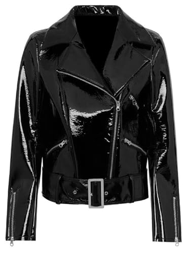 ZM ATTIRE Blouson de moto en cuir PVC brillant et élégant pour femme, Cuir PVC - Veste noire, XXS