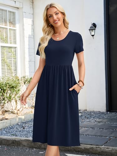 Image of Heymoments Women's Casual Short Sleeve Midi Dress Crewneck A Line Tiered Flowy Loose Travel Long Dresses with Pockets