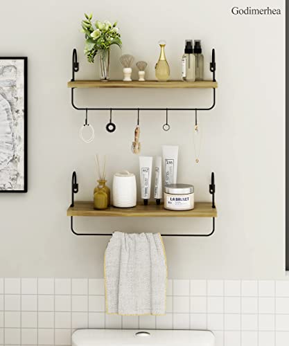 Godimerhea Floating Shelves With Hooks, Set Of 2 Rustic Wall Mounted Wooden Decorative Storage Shelves With Towel Rack For Coffee Bar, Kitchen, Living Room（Brown） #TOP5