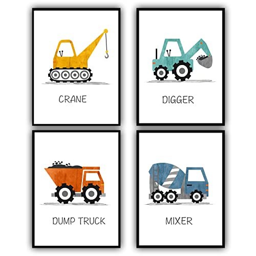 Voenls Construction Art Poster Set Of 4 Boys Game Room Wall Art Construction Nursery Art Truck Construction Vehicle Wall Art Cartoon Poster Kids Room Decor Transportation Wall Art Unframed 12X16Inch #TOP6
