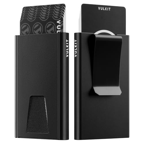 VULKIT Porta Carte di Credito con Protezione RFID, Portafoglio Piccolo in Alluminio con Fermasoldi, Nero