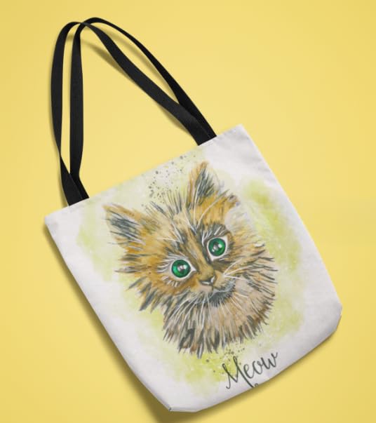 Aim D Game, Cat Design Tote Bag with Black Handles, Watercolor Art Print, Reusable Shopping Bag Canvas Tote Bag for Grocery, College, Office & Shoulder Handbag Travel Bag for Men and Women 1